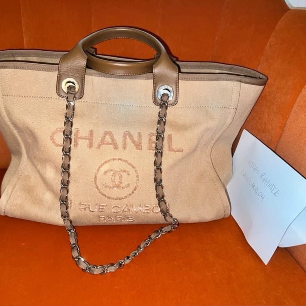CHANEL Large Deauville Sequin Tan Canvas Tote with Chain Handles